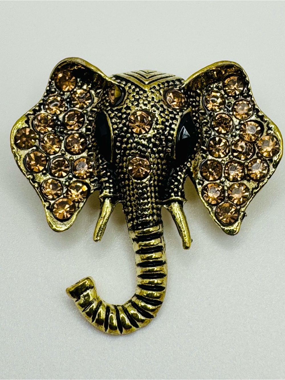Gold Elephant Brooch with Amber Crystal Accents